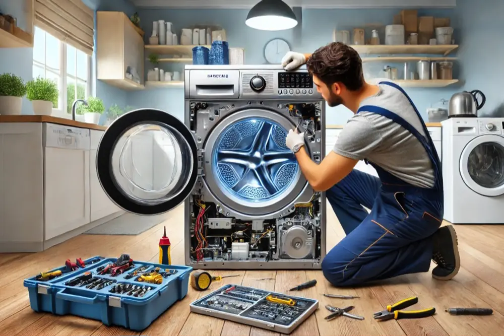 تکنیسین متخصص کاریزما سرویس در حال تعمیر ماشین لباسشویی میباشد.