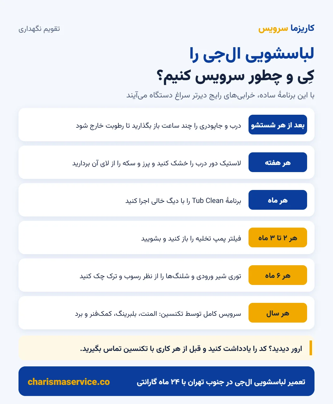 تقویم نگهداری و سرویس لباسشویی ال جی